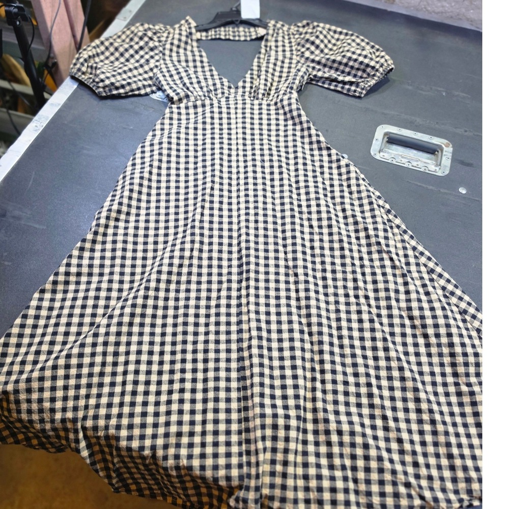 DISHH $190 Gingham Open Back Midi Dress Brown Cream V-Neck Puff Sleeve Size XL